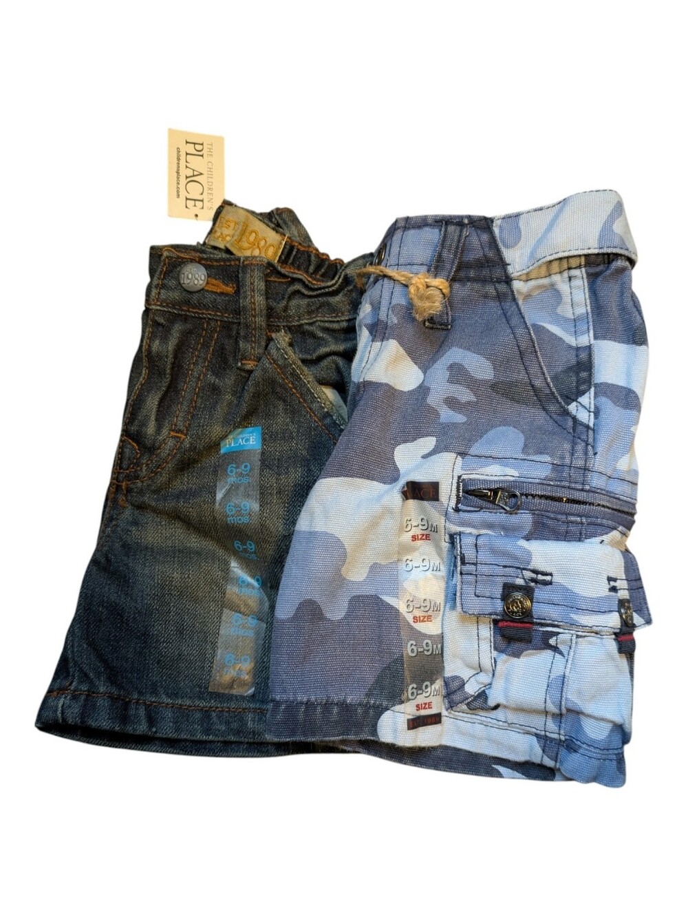 Bundle (2) NWT  Children's Place Cargo/Carpenter Shorts Blue Camo Denim 6/9m